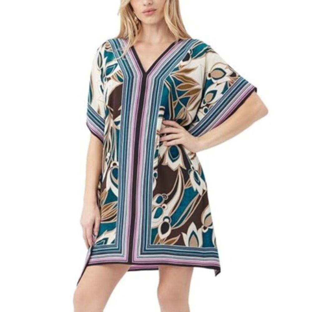 Trina Turk Theodora Tropical Kimono Sleeve V-Neck Kaftan Mini Dress Multi XS / S
